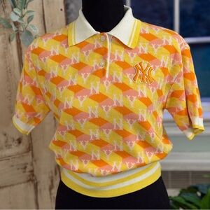 MLB Korea New York Yankees cropped polo tee shirt. Orange/yellow whimsical print